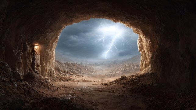 View from a dark cave entrance looking out at a dramatic thunderstorm with lightning over an arid rocky landscape - Powered by Adobe