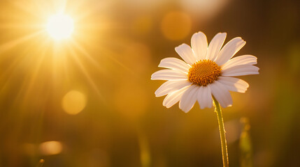 Single Wild Daisy Backlit by Golden Sunset Sunburst