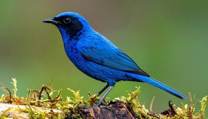 Vibrant Blue Bird Perched on a Mossy Branch.