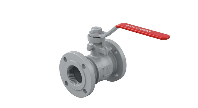Industrial flanged ball valve with red handle for fluid control