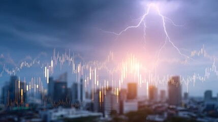 Dramatic market chart superimposed on a city skyline during a lightning storm