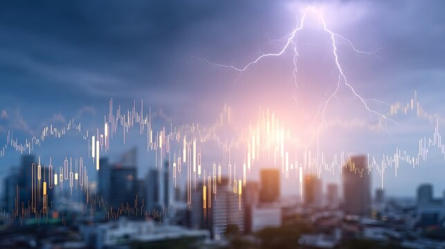 Dramatic market chart superimposed on a city skyline during a lightning storm - Powered by Adobe