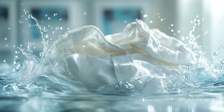 Detailed close-up of a white shirt submerged in water, with a focus on laundry activities. The background features laundromat services and product focus on bleach or fabric softeners, Generative AI