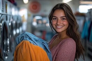 Portrait of a woman holding a laundry pile of freshly cleaned clothes in a laundromat, symbolizing household chores, fabric softener, and the joy of clean clothing. This scene captures, Generative AI