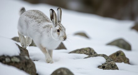Obraz premium A majestic mountain hare with its white winter coat walks gracefully through a snowy, rocky landscape, showcasing its adaptation to the cold wilderness.