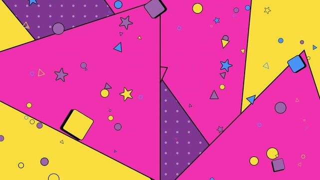 Seamless memphis pattern loop animation. Seamless memphis pattern with abstract geometric design of stars, circles, and vibrant colors. Ideal for backgrounds, wallpapers, textiles, and packaging.