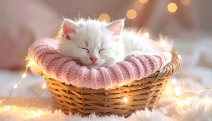 Sleeping Kitten in Basket with Fairy Lights - A Cozy Scene.