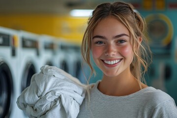 Portrait of a woman holding a laundry pile of freshly cleaned clothes in a laundromat, symbolizing household chores, fabric softener, and the joy of clean clothing. This scene captures, Generative AI