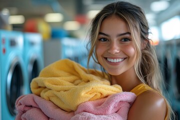 Portrait of a woman holding a laundry pile of freshly cleaned clothes in a laundromat, symbolizing household chores, fabric softener, and the joy of clean clothing. This scene captures, Generative AI