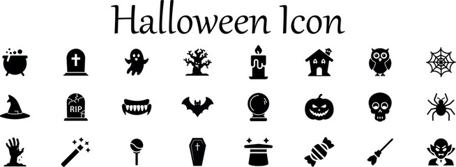 Collection of Halloween icons including a cauldron, tombstone, ghost, spooky tree, haunted house, owl, spider web, witch hat, rip tombstone, featuring spooky and festive symbols for holiday design
