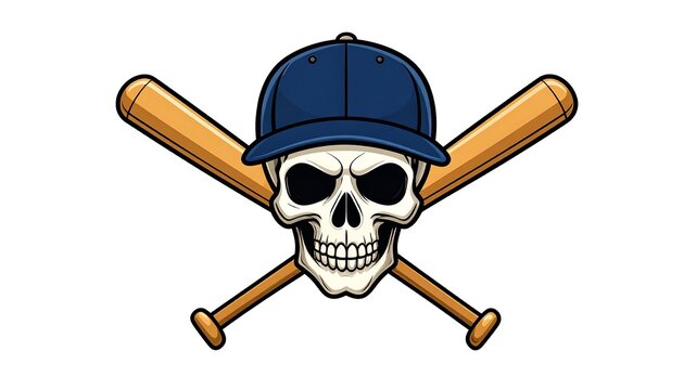 Skull wearing cap with bats crossed behind. Cartoonish and playful design