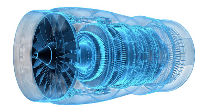 X-ray blueprint of a modern jet engine showcasing internal parts