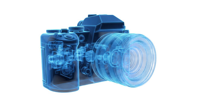 Blue holographic wireframe camera model showing internal mechanics
