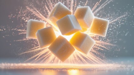Creamy sugar cubes suspended in mid-air, surrounded by a soft motion blur, frozen in a bright energy burst that radiates a warm and vibrant glow, with sparkling powder and fine sweet