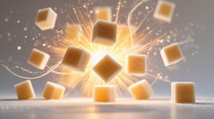 Creamy sugar cubes suspended in mid-air, surrounded by a soft motion blur, frozen in a bright energy burst that radiates a warm and vibrant glow, with sparkling powder and fine sweet
