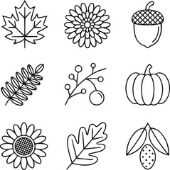 Autumn Garden Outline Icons Set  Leaves, Flowers, and Seasonal Plants