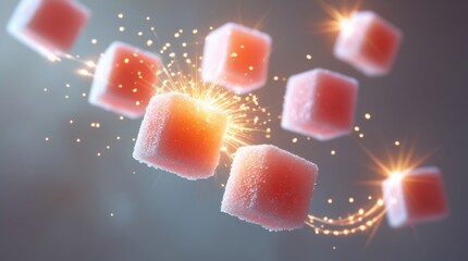  Dynamic motion-blur sugar cubes soar mid-air, radiating a warm glow, with soft light dancing across their crisp texture, emitting vibrant sugary energy bursts that shimmer and sparkle, as if infused 
