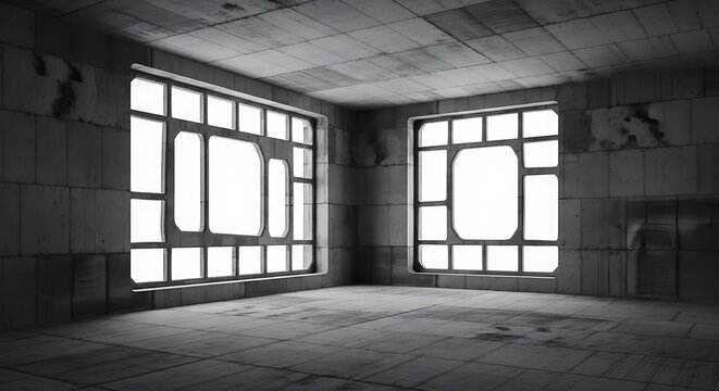 Empty square room with Brutalist architecture windows black and white concrete