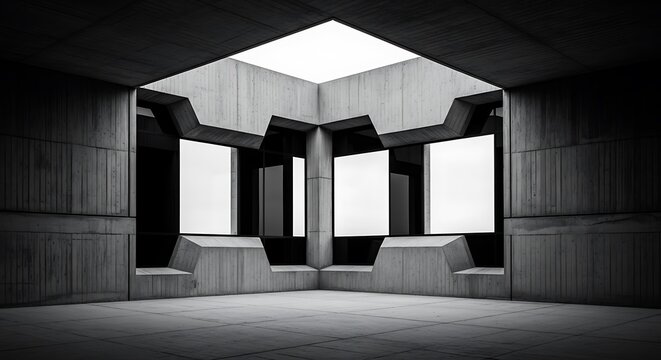 Empty square room with Brutalist architecture windows black and white concrete