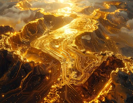 Aerial view of a golden, circuit-like landscape with illuminated mountains - Powered by Adobe