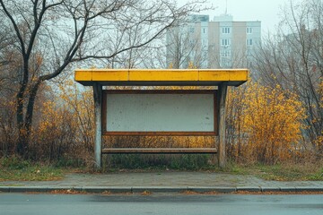 Bus stop with empty banner, offering space for commercial advertising. Clean, blank canvas serves as backdrop for marketing strategies, business promotions, or creative campaigns, Generative AI