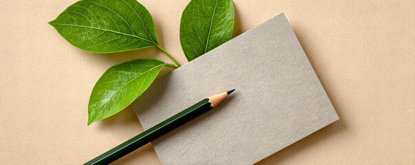A composition of a blank paper, a pencil, and green leaves, symbolizing writing and creativity