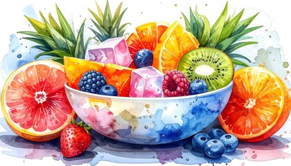Vibrant Watercolor Fruit Salad Bowl with Berries and Citrus Slices.