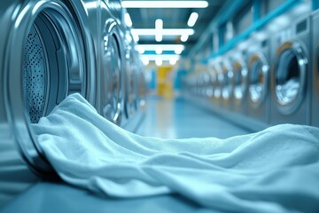Washing machine with clean laundry in a laundromat business setting, designed for home and self-service use. The close-up emphasizes fresh, hygienic laundry processes, featuring, Generative AI
