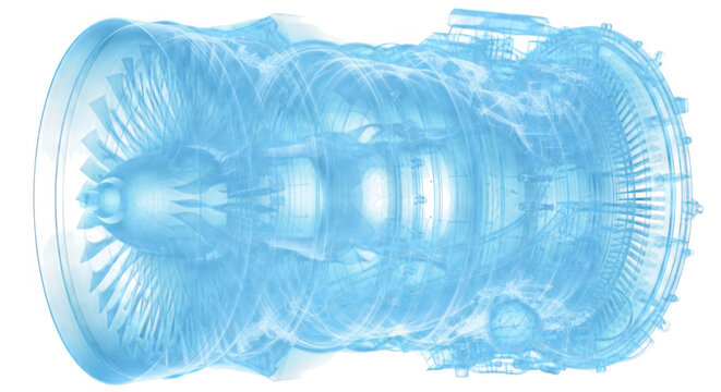 Holographic jet engine x-ray render on transparent background