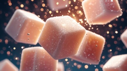 Floating sugar cubes are suspended in mid-air, frozen in dynamic motion, with a creamy texture that glistens in the light, surrounded by glimmering particles that catch the eye, and an explosive sweet