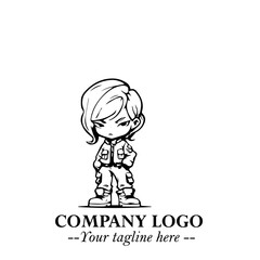Black and White Chibi Girl Standing in Jacket, Pants, and Boots. Simple Bold Vector Illustration
