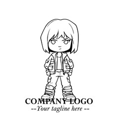 Black and White Chibi Girl Standing in Jacket, Pants, and Boots. Simple Bold Vector Illustration
