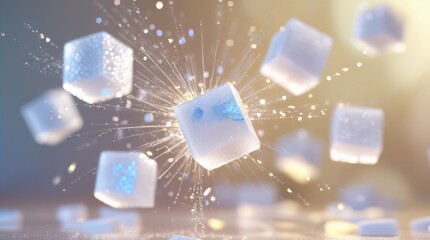 Flying sugar cubes suspended in a creamy motion blur, capturing frozen energy, sparkle, and a sweet vivid explosion, with each cube glistening in delicate light, showcasing intricate textures and face