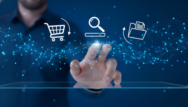 Online Commerce and Connectivity: Hand Interacting with Virtual Shopping, Search, and Global Network Icons