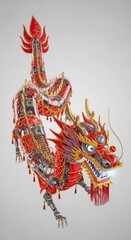Obraz premium Schematic representation of a festive dragon dance figure, constructed from precise mechanical components and traditional red and gold materials, design, spring festival, abstract