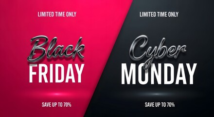black friday, Vibrant graphical design announcing the upcoming Black Friday and Cyber Monday sales events with an offer up to 70%. 