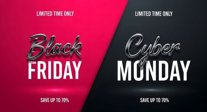black friday, Vibrant graphical design announcing the upcoming Black Friday and Cyber Monday sales events with an offer up to 70%.