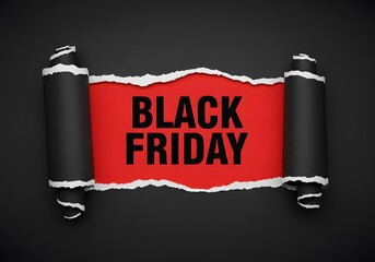 black friday, A dynamic torn-paper effect reveals a bold Black Friday text. A simple yet eye-catching composition promises a festive promotional message.