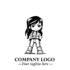 Black and White Chibi Girl Standing in Jacket, Pants, and Boots. Simple Bold Vector Illustration
