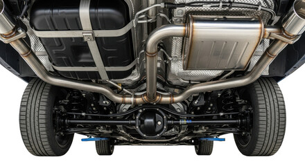 Fototapeta premium Underside view of modern car chassis and exhaust system parts