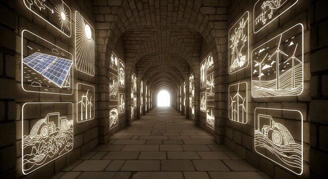 Historic hallway illuminated by warm lights.
