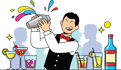 Joyful Bartender Shakes Colorful Cocktail With Silhouettes of Patrons and Drinks on Bar