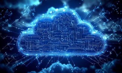 Cloud computing and global networking concept, emphasizing the future of communication and artificial intelligence. This visual incorporates digital lines, cloud motifs, Generative AI