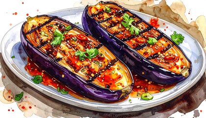 Vibrant Watercolor Painting of Grilled Eggplant Halves on a Plate.
