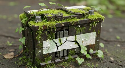 A damaged and abandoned battery with moss and small plants growing on its surface, set outdoors on the ground amidst natural surroundings