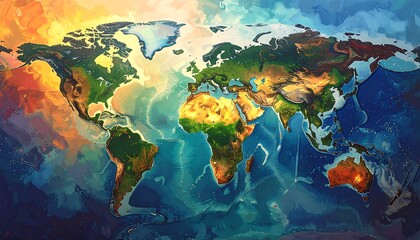 Vibrant World Map with Colorful Continents and Oceans.