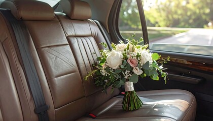 Wedding bouquet resting on car seat, symbolizing celebration and new beginnings.