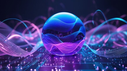 Vibrant blue-purple neon 3D orb with luminous gradient waves, showcasing AI, data science, and futuristic concepts, surrounded by a subtle grid of tiny, shimmering circuit boards and delicate, swirlin