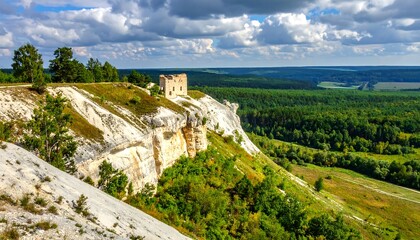 Stunning panoramic view of ancient chalk cliffs and lush green forests under a dramatic sky.