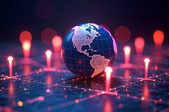Neon location pins glow on a digital globe, symbolizing global connectivity and tech-driven navigation in vibrant, futuristic hues.